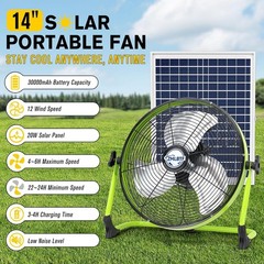14″ Solar Powered Fan with 20W Solar Panel & Rechargeable Battery, Portable, Qui