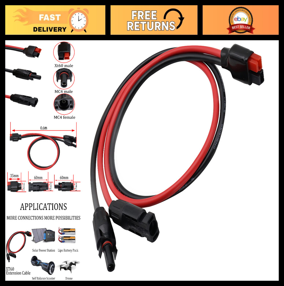 10AWG Solar Panel Cable Connector to Female Adapter for RV/Van Camping 60cm