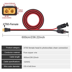 20ft/6m XT60 to Solar Panel Connector Extension Cable For Portable Power Station