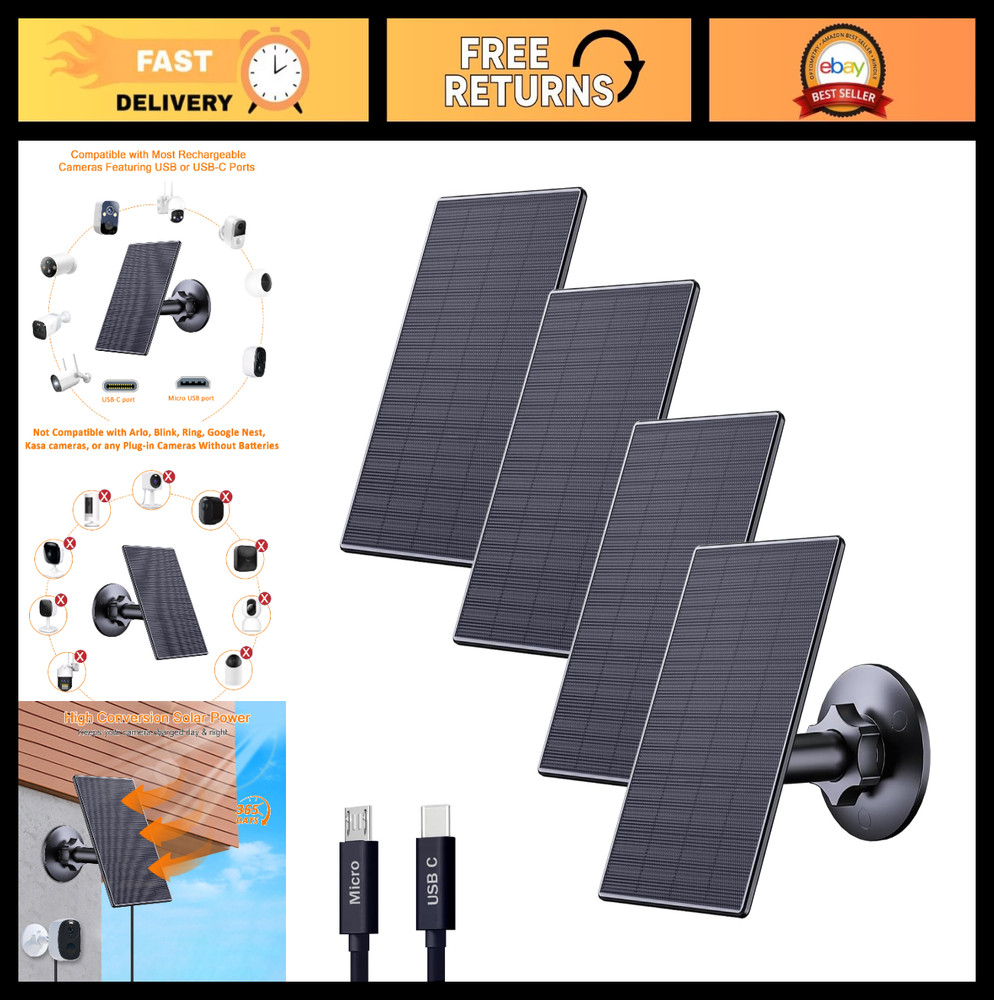 2W USB Solar Panel Charger for Security Cameras, 360° Adjustable Mount, 4 Pack