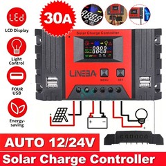30A Solar Charge Controller PWM Regulator for 12V 24V Auto with 4 USB Ports LCD