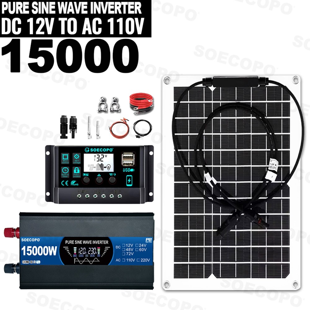 15000W Peak Solar System Kit Flexible Panel 12V To 110V 220V Inverter Generator