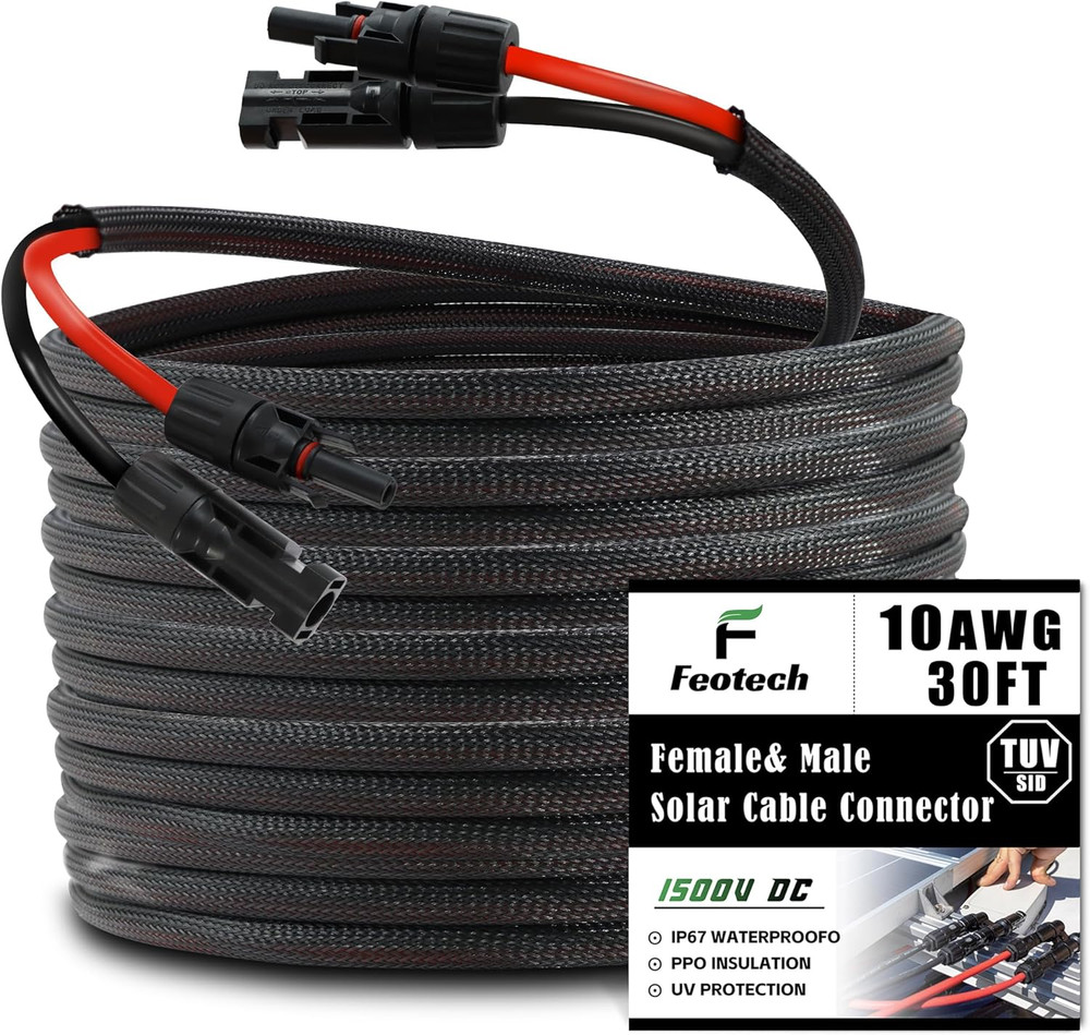 Twin Wire 30FT Solar Extension Cable – 10AWG (6Mm²) Solar Panel Connector, with