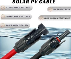 8 AWG 8 Gauge Pair 10 Feet Black + 10 Feet Red PV Photovoltaic Solar Panel Ex…
