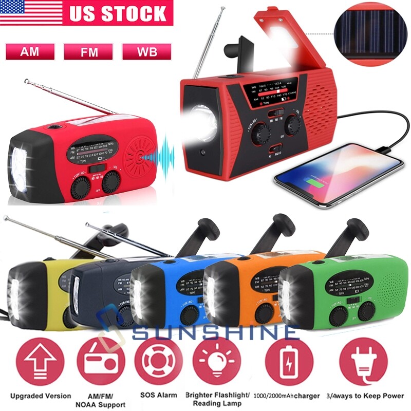 Solar Emergency Hand Crank Dynamo AM/FM Weather Radio LED Flashlight USB Charger