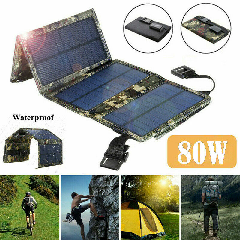 80W Folding Solar Panel Power Bank USB Battery Charger for Outdoor Hiking Campin