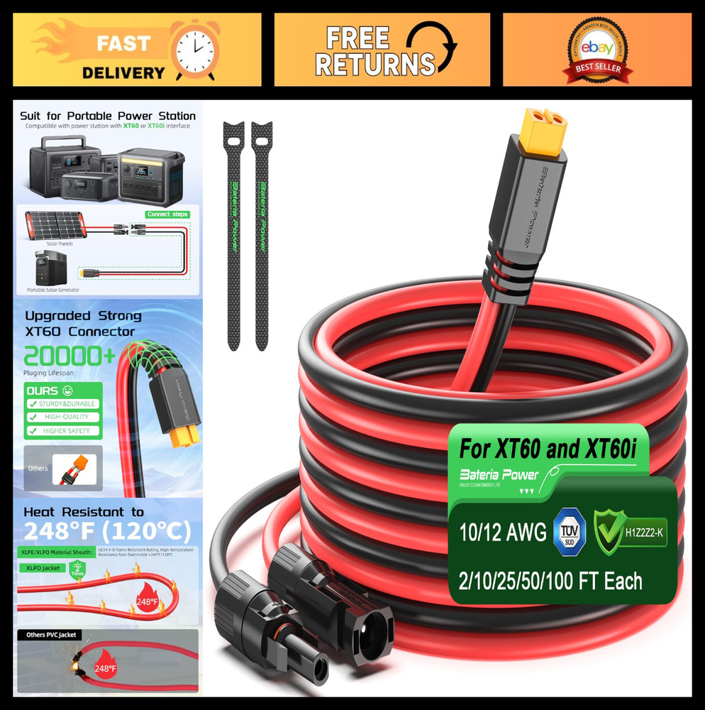 20FT Solar Charge Extension Cable 12AWG XT60 Connector for LiFePO4 Battery RV Po