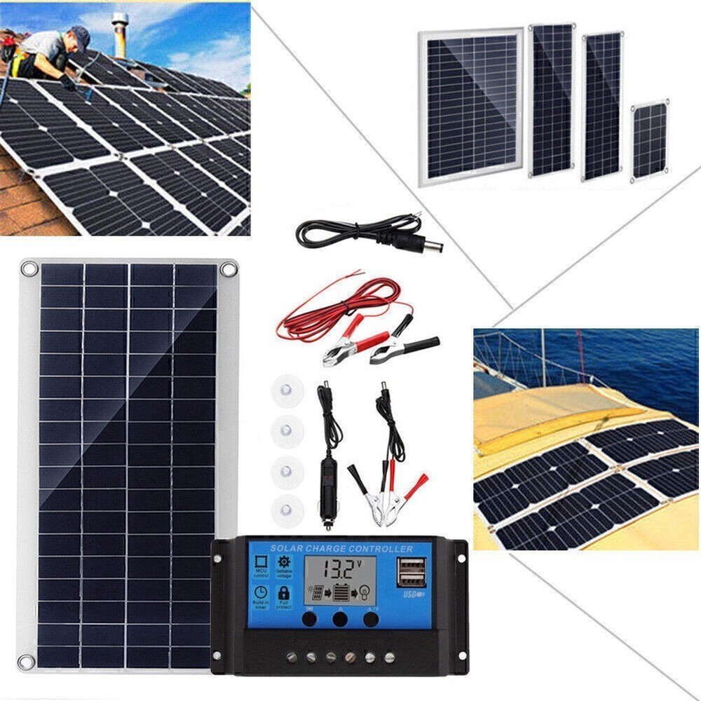 10/15/20/25W Solar Panel Dual USB+Solar Charger+ Alligator Clip Wire+DC Line Kit