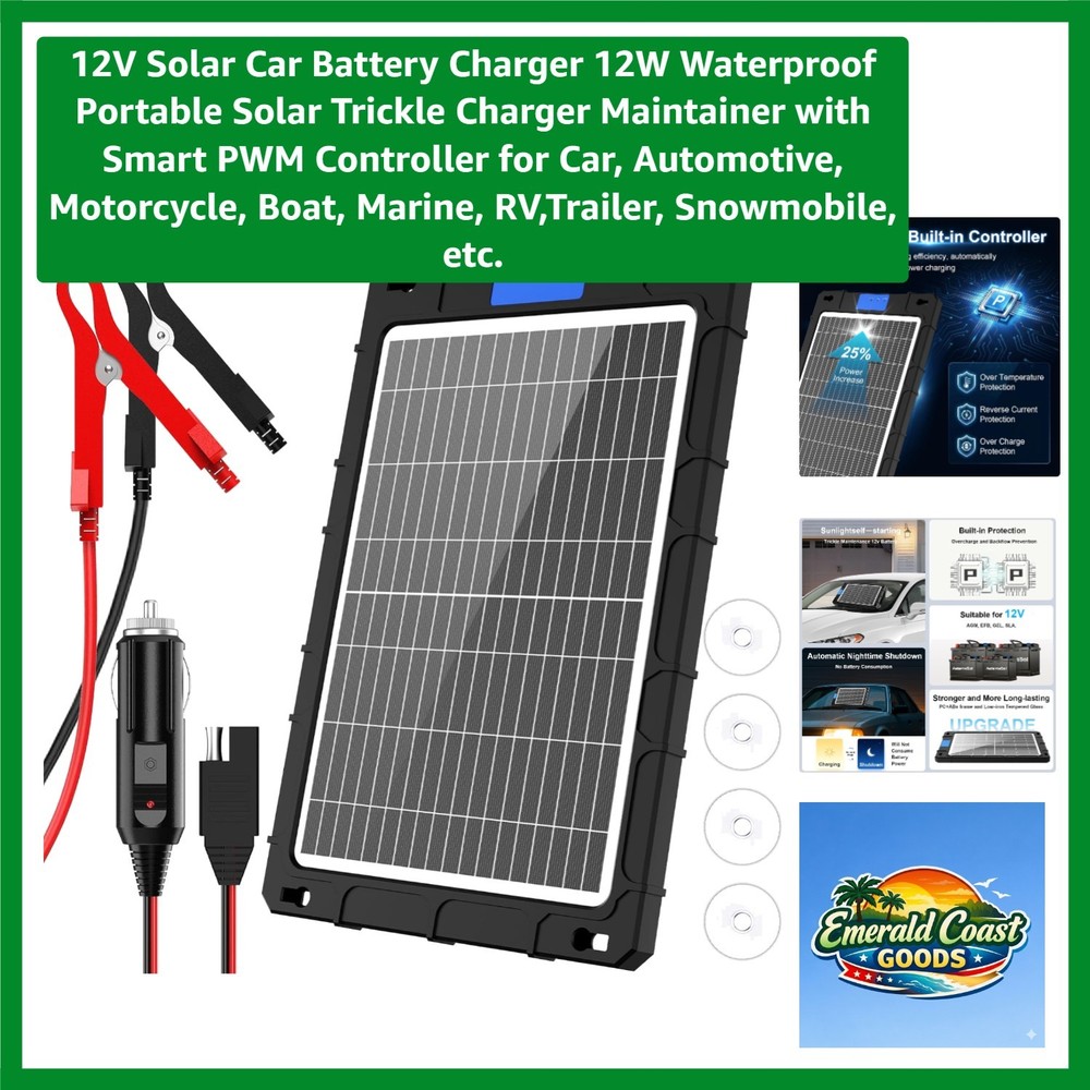 Portable 12W Solar Battery Charger with Smart PWM – Eco-Friendly Trickle Charger