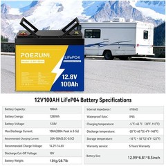 POERUNI 12V 100Ah Lithium LiFePO4 Battery for Deep Cycle RV Marine Off-Grid NEW