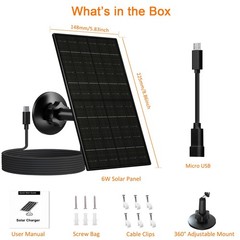 6W Solar Panel for Security Camera Outdoor, 5V USB/USB-C Solar Charger Compat…