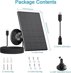 Solar Panel for Security Camera, 2 Pack 2W Solar Charger with Micro USB & USB-C