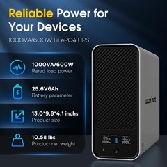 Goldenmate 1000VA 600W LiFePO4 Battery Backup UPS, Pure Sine Wave Surge Protect