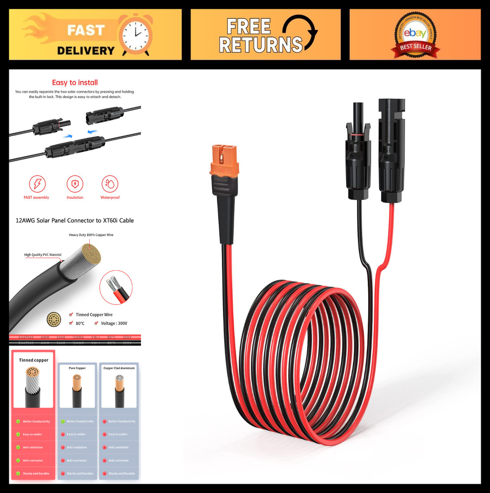 12AWG 25FT Solar Connector to XT60i Adapter Cable for Portable Power Station