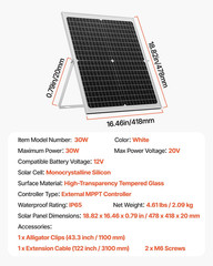 30W 12V Solar Panel Battery Charger, Solar Battery Trickle Charger Maintainer wi