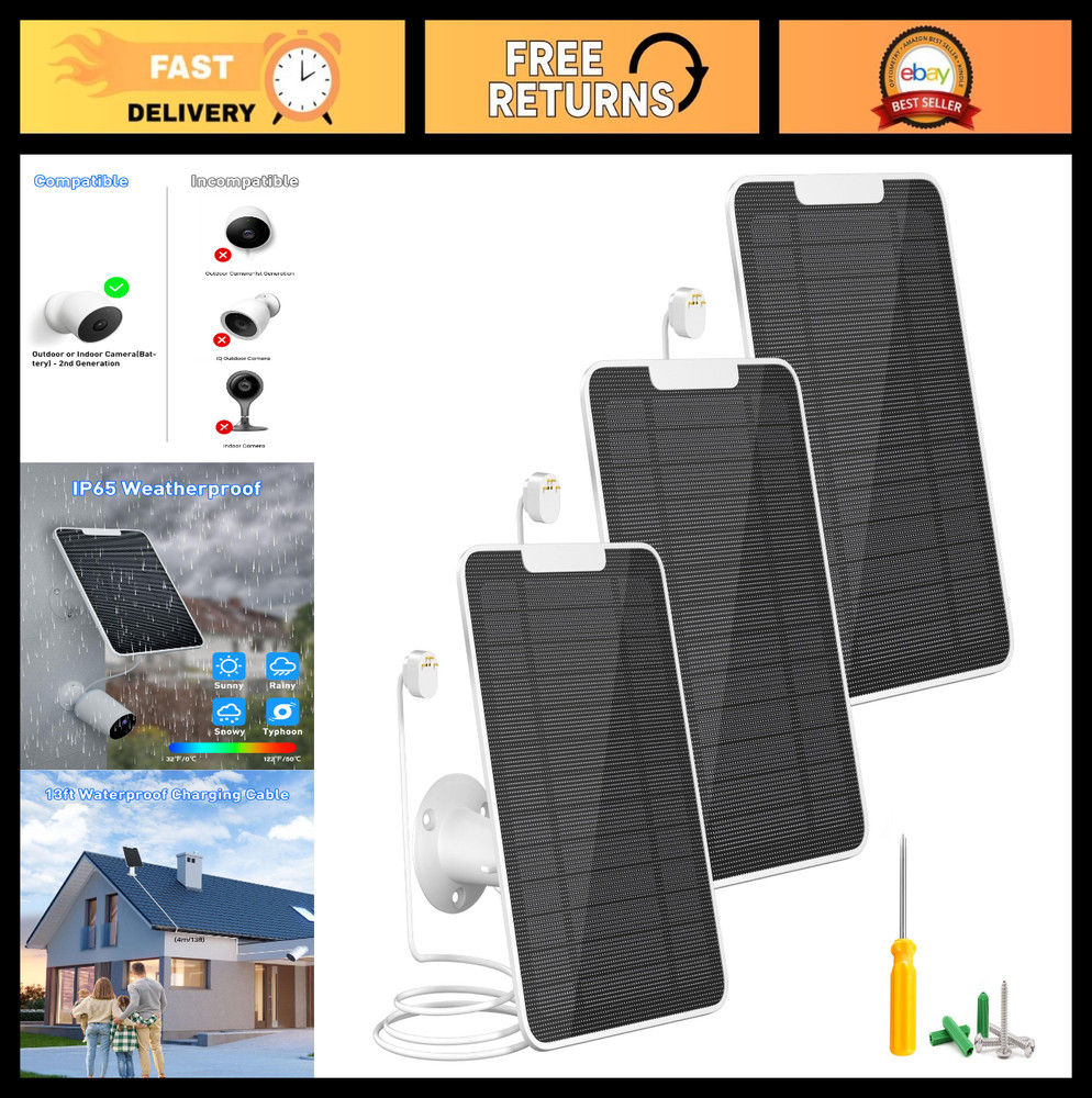 5W Solar Panel for Nest Camera – IP65 Waterproof, 13ft Cable, 3 Pack – Outdoor/I