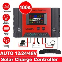 100A Solar Panel Battery Charge Controller 12V/24V/48V LCD Regulator Auto 4 USB