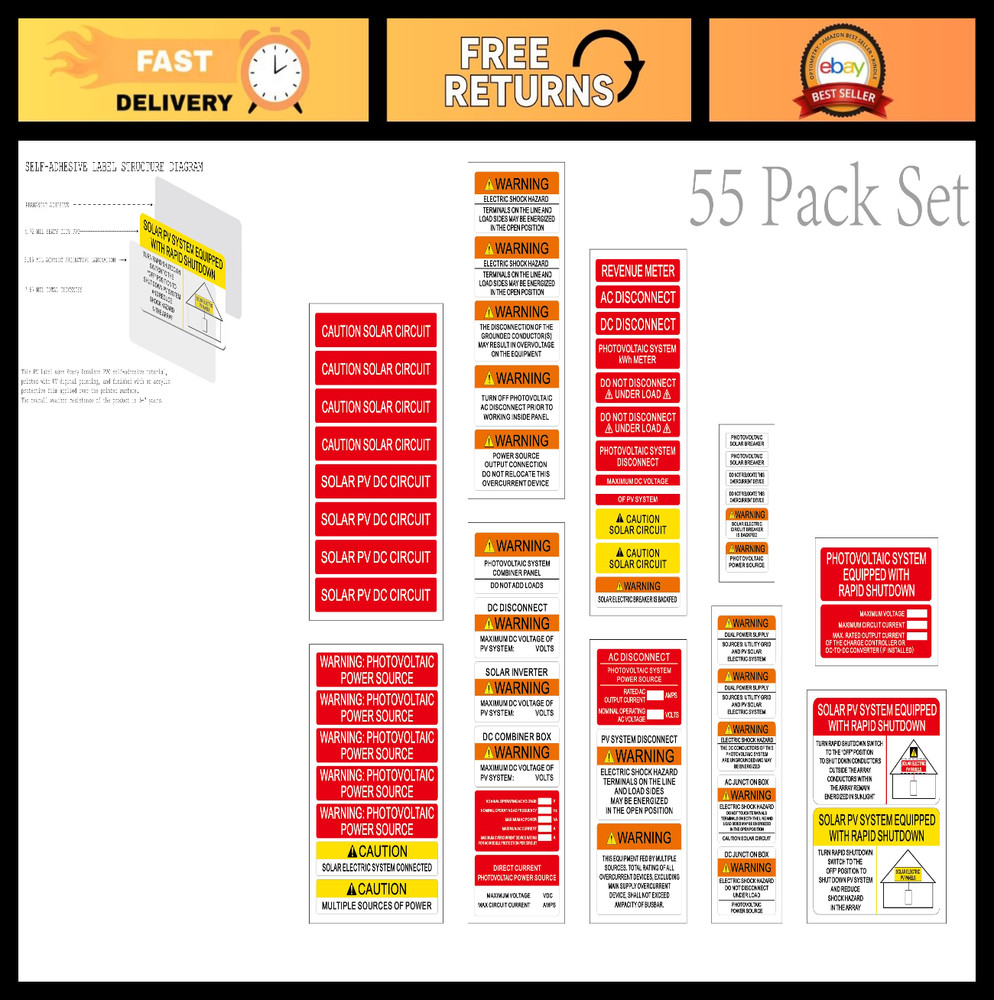 55-Pack Solar PV System Labels – UV Resistant Photovoltaic Stickers for Electric