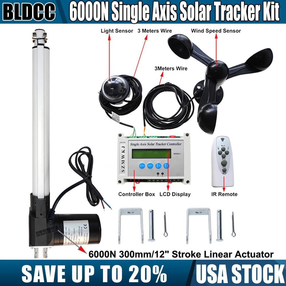 Single Axis Solar Tracker W/ 6000N 12V 12″ Linear Actuator Anemometer Controller