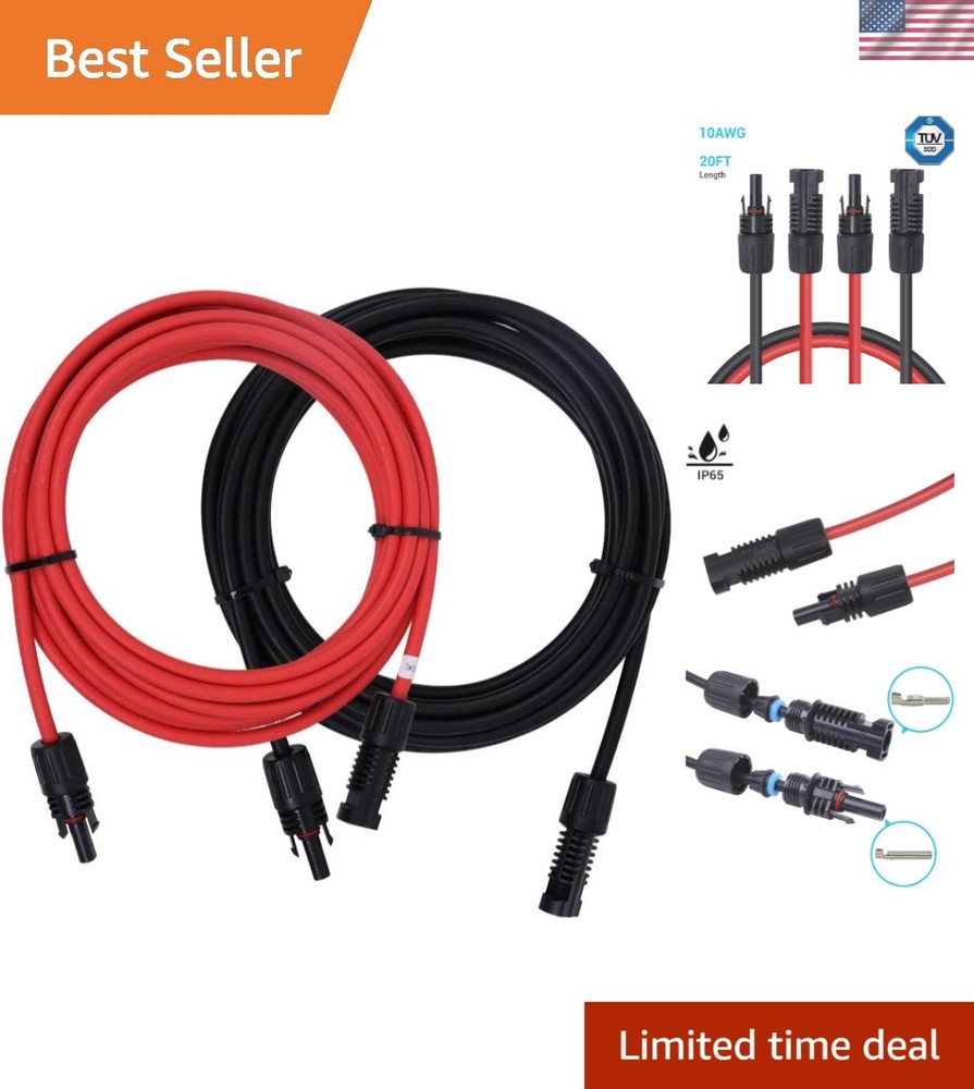 Reliable 20ft Black & Red Solar Extension Cable with M&F Connectors | 30A Max