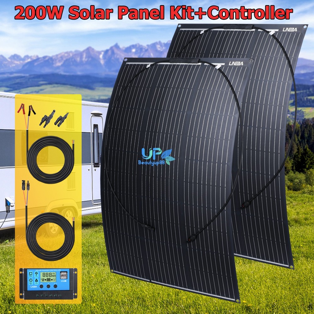 Flexible 100W 200W Solar Panel Mono 18V Waterproof+Controller for Van,RV,Camping