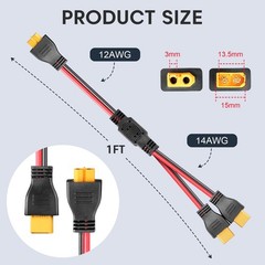XT60 Y Splitter Cable 12AWG 1 Female to 2 Male Parallel Adapter,1FT