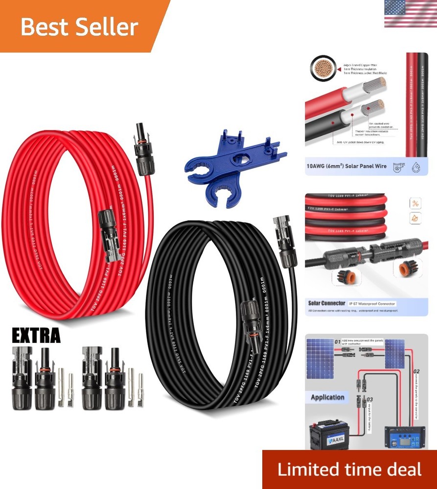 Durable 30Ft 10AWG Solar Power Cable – Weatherproof Connectors for PV Systems