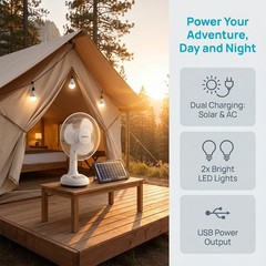 Portable Personal Desk Fan 2 Speed 12in Solar Rechargeable Fan w/ 2 Light Bulbs