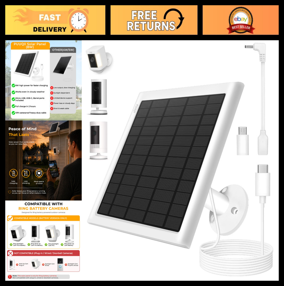 8W Solar Panel Charger for Ring Cameras, Waterproof, USB-C Adapter, 10ft Cable