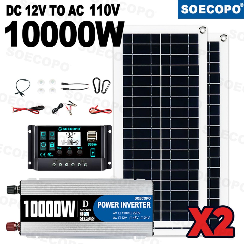 10000W Inverter (12V-110V/220V) + 2pcs Solar Panels + Charge Controller 100A