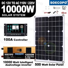 10000W Solar Kit 500W Panel 100A MPPT Controller DC Cable 12V/24V to 220V/110VTs