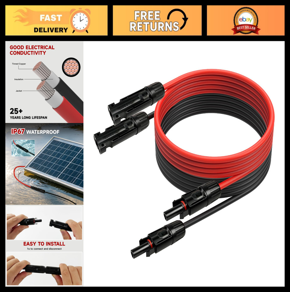 10FT 10AWG Solar Panel Extension Cable, Waterproof PV Wire with Connectors for R