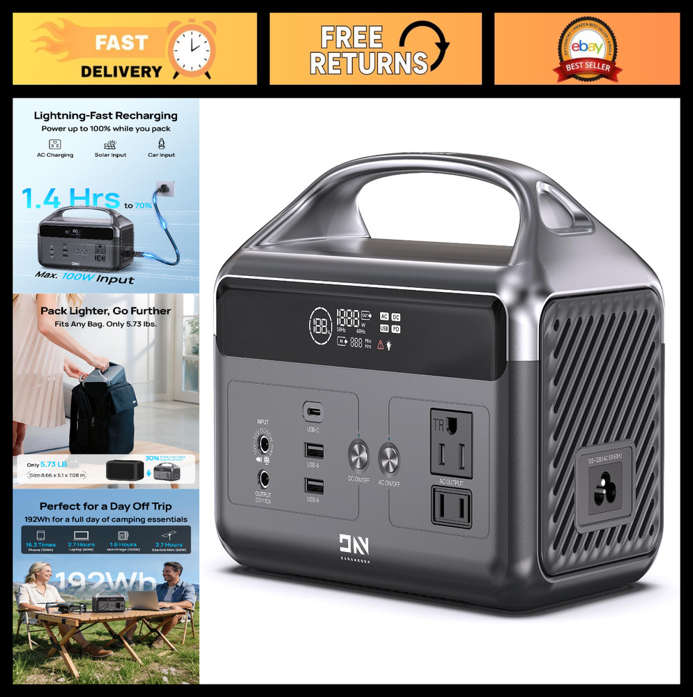 Portable Power Station 192Wh Solar Generator, 2 AC Outlets, USB-C Fast Charge, C