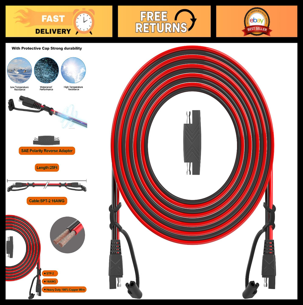 25FT SAE Extension Cable Quick Disconnect Connector 16AWG for Automotive Solar C