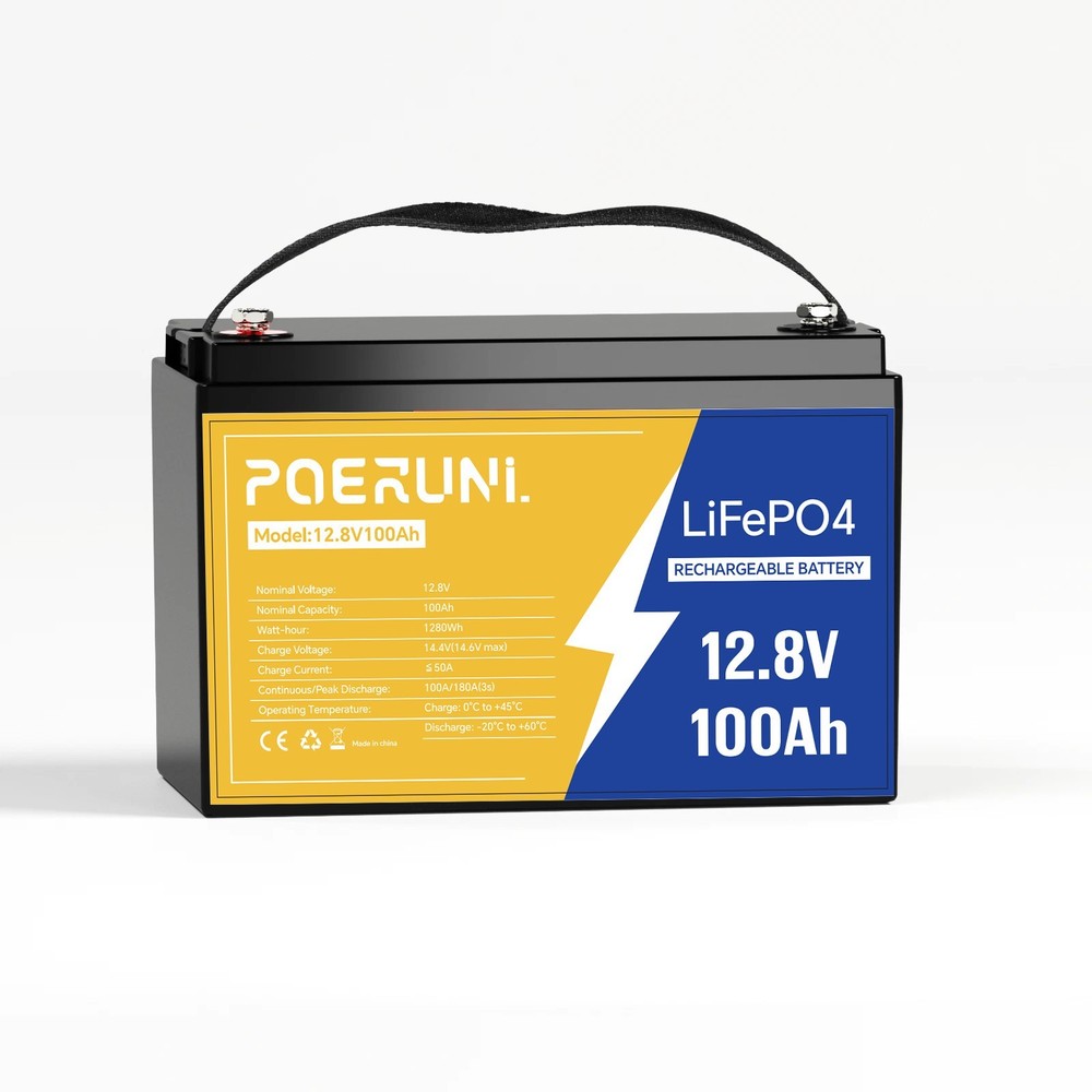 POERUNI 12V 100Ah LiFePO4 Lithium Battery Deep Cycles With BMS 100Ah for Marine