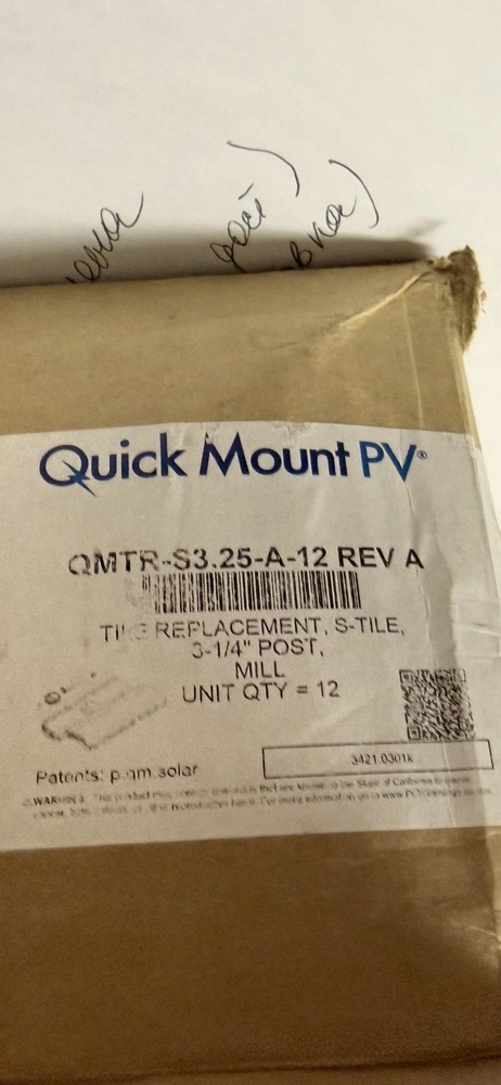 Quick Mount PV QMTR-S3.25-A-12 Rev A, Tile Replacement, S-Tile, 3-1/4”. Qty 12