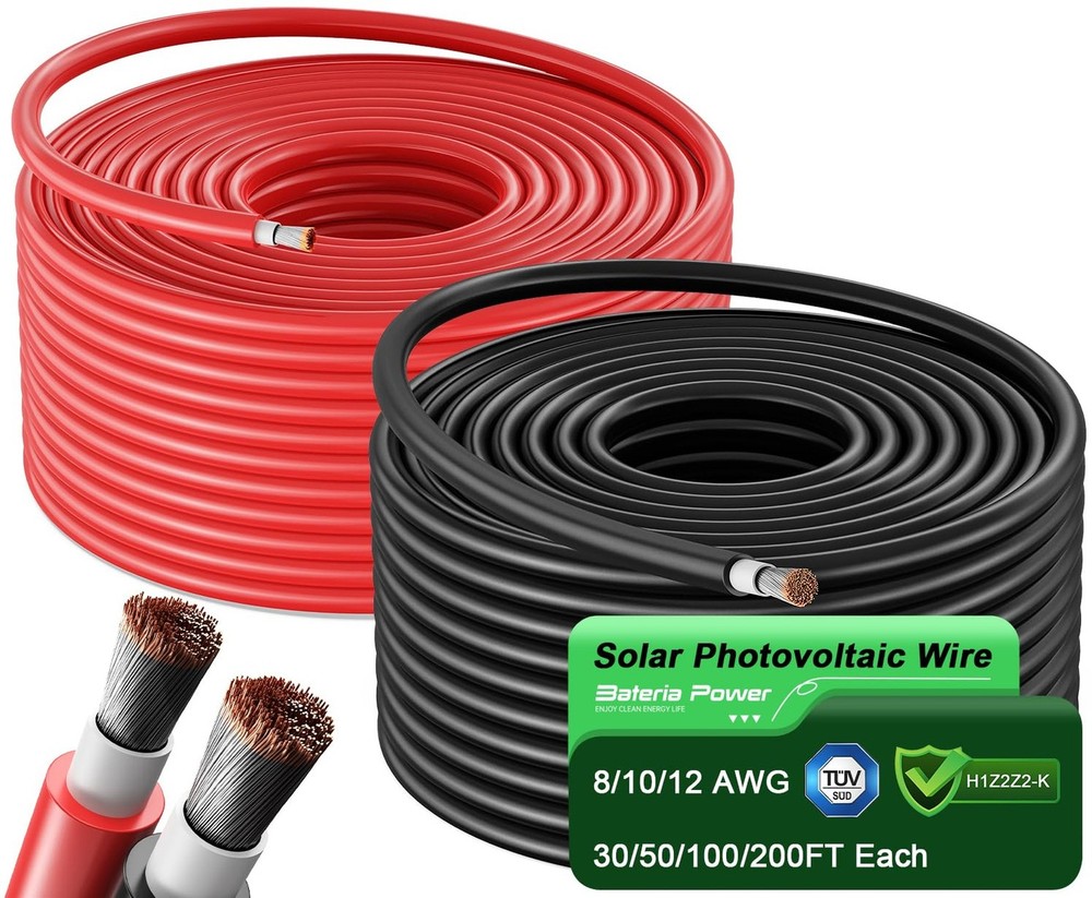 Bateria Power Solar Panel Wire 50Ft Black and 50Ft Red Kit, 10AWG (6mm²) So