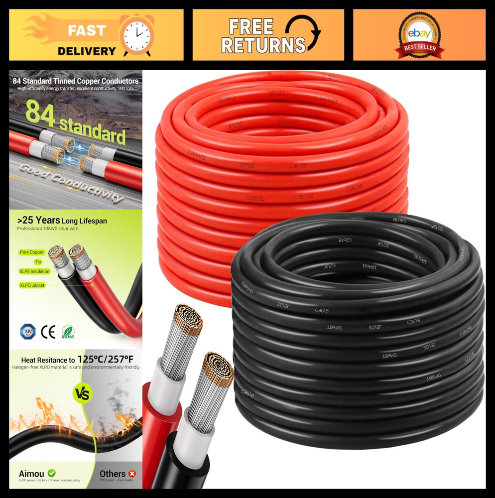 10AWG Solar Panel Wire 2x50FT Red & Black Extension Cable, Tinned Copper PV Wire