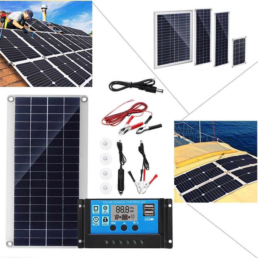 Solar Panel Dual USB+10A Solar Charger+Alligator Clip Wire+DC Line 10/15/20/25W