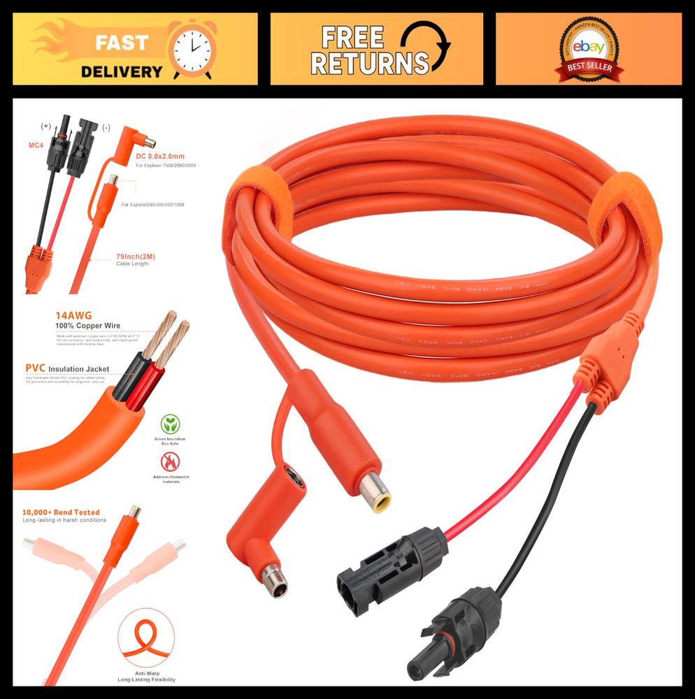 MC4 Solar Cable 14AWG 6.6FT with DC 8mm Adapter for Portable Power Stations & So