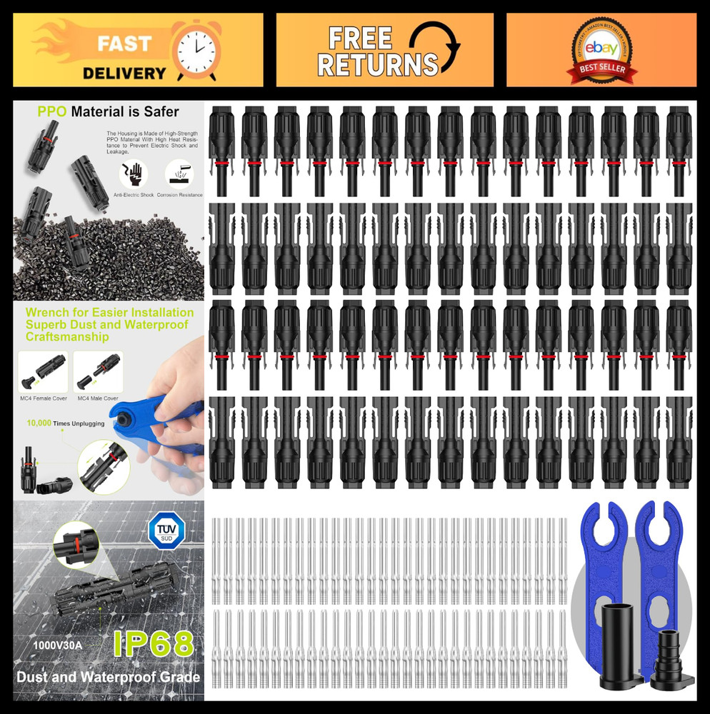 30 Pairs Waterproof Solar Connectors 10AWG 12AWG 14AWG Male/Female IP68 1000V 30