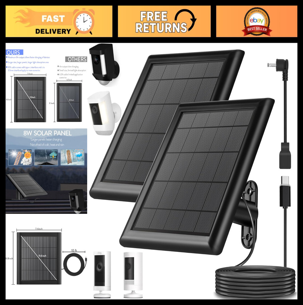 8W Solar Panel Charger for Ring Camera – IP65 Waterproof, 10ft USB C Cable, 2-Pa