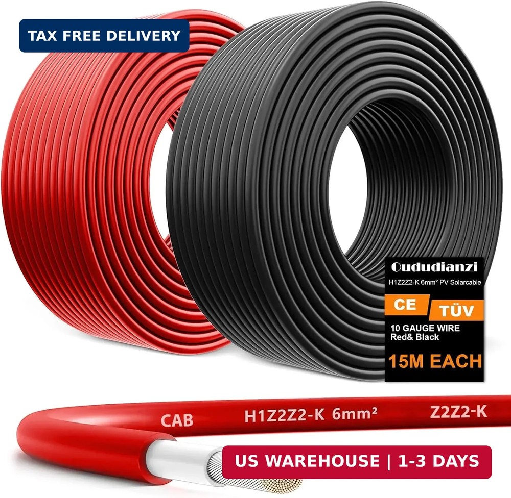 Oududianzi 2×50 Feet Solar Panel Wire, 10AWG Solar Wire Tinned Copper 10 Gauge P