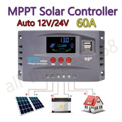 LCD Display MPPT Solar Panel Regulator Charger Controller Auto 12V/24V 60A 2-USB