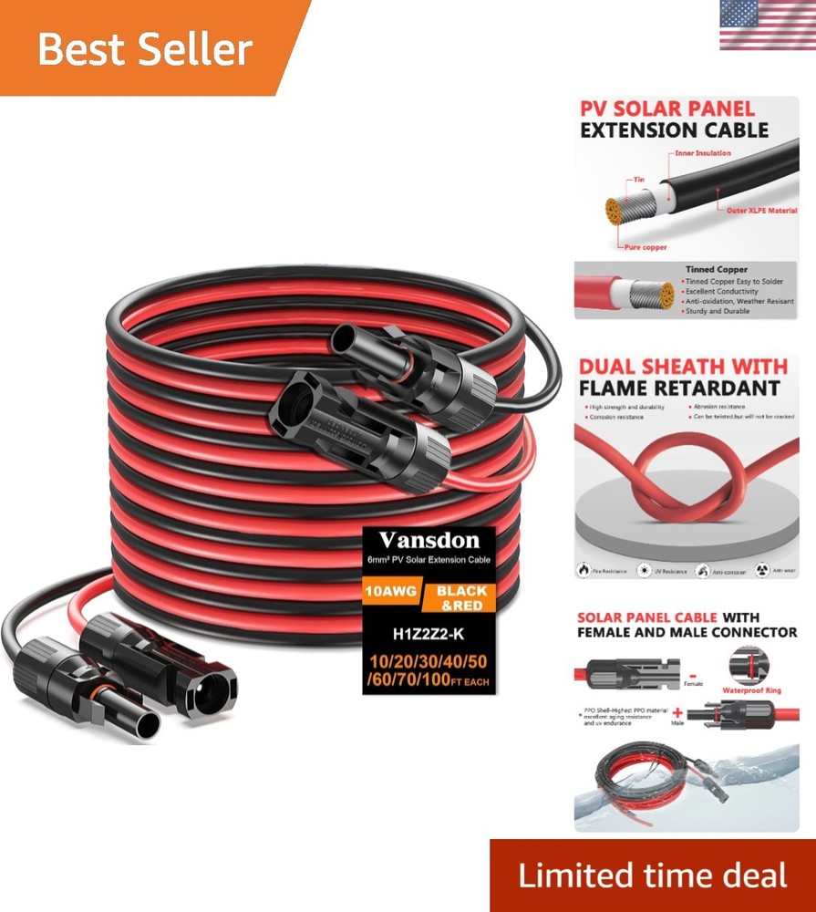 High Efficiency 30ft 10AWG Waterproof Solar Cable with Male-to-Female Connectors