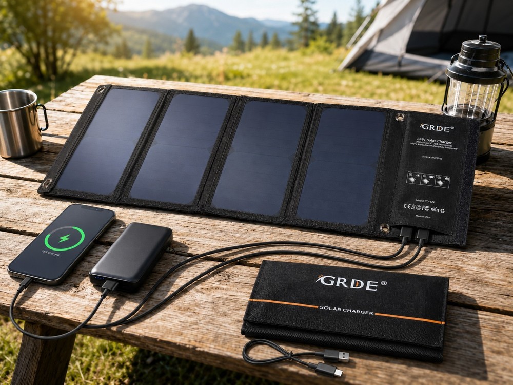 New GRDE 24W Foldable Solar Panel Charger Dual USB YD-824 USB-C Cable