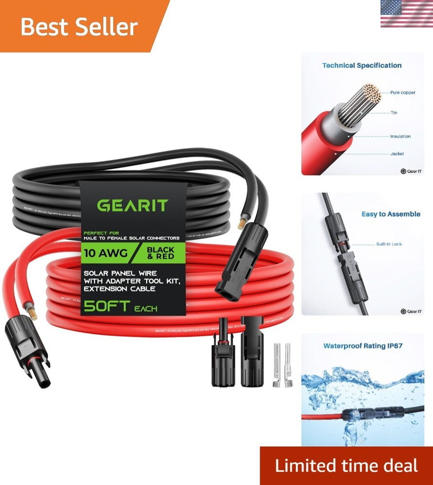 10AWG Solar Extension Cable 50FT Black – 50Ft Red Male to Female Solar Connec…