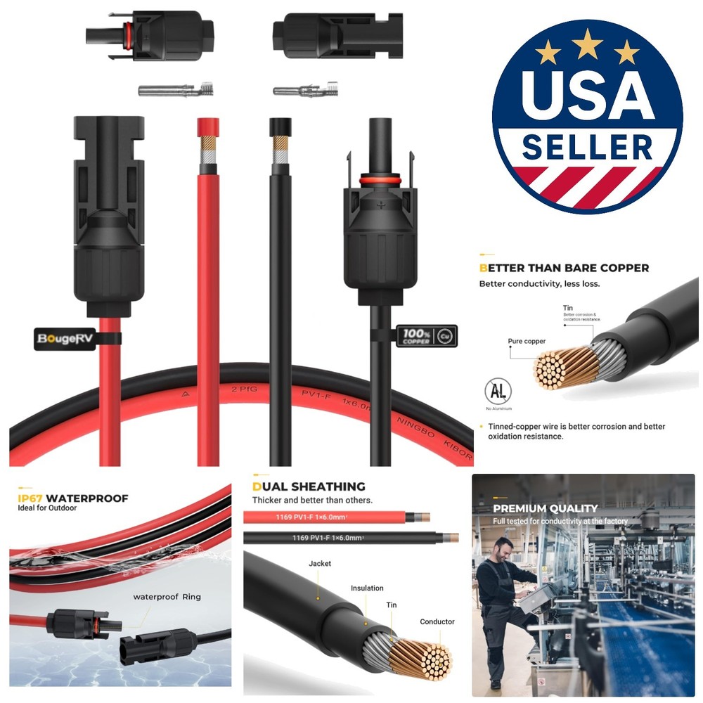 High Performance 10FT 10AWG Solar Extension Cable with Female/Male Connectors