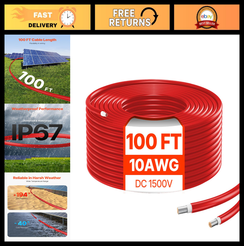 100FT Solar Panel Wire 10AWG Tinned Copper PV Cable, Waterproof XLPE Outdoor Ext