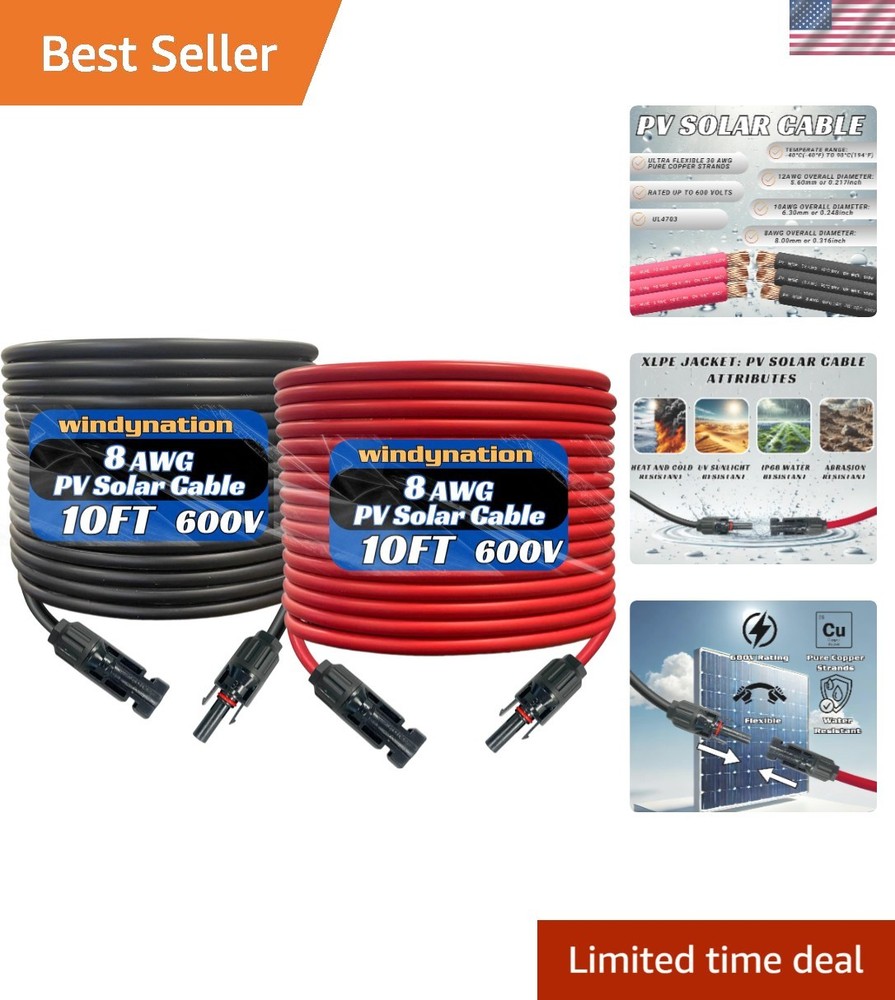 8 AWG 8 Gauge Pair 10 Feet Black + 10 Feet Red PV Photovoltaic Solar Panel Ex…